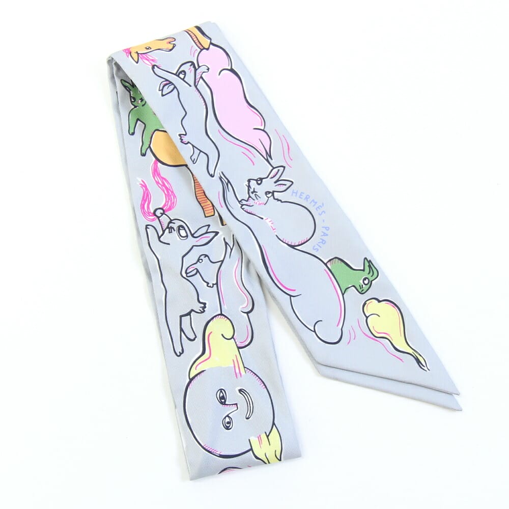 エルメス スカーフ ツイリースカーフ 千の一のウサギ Mille et Un Lapins グレー マルチカラー シルク1..