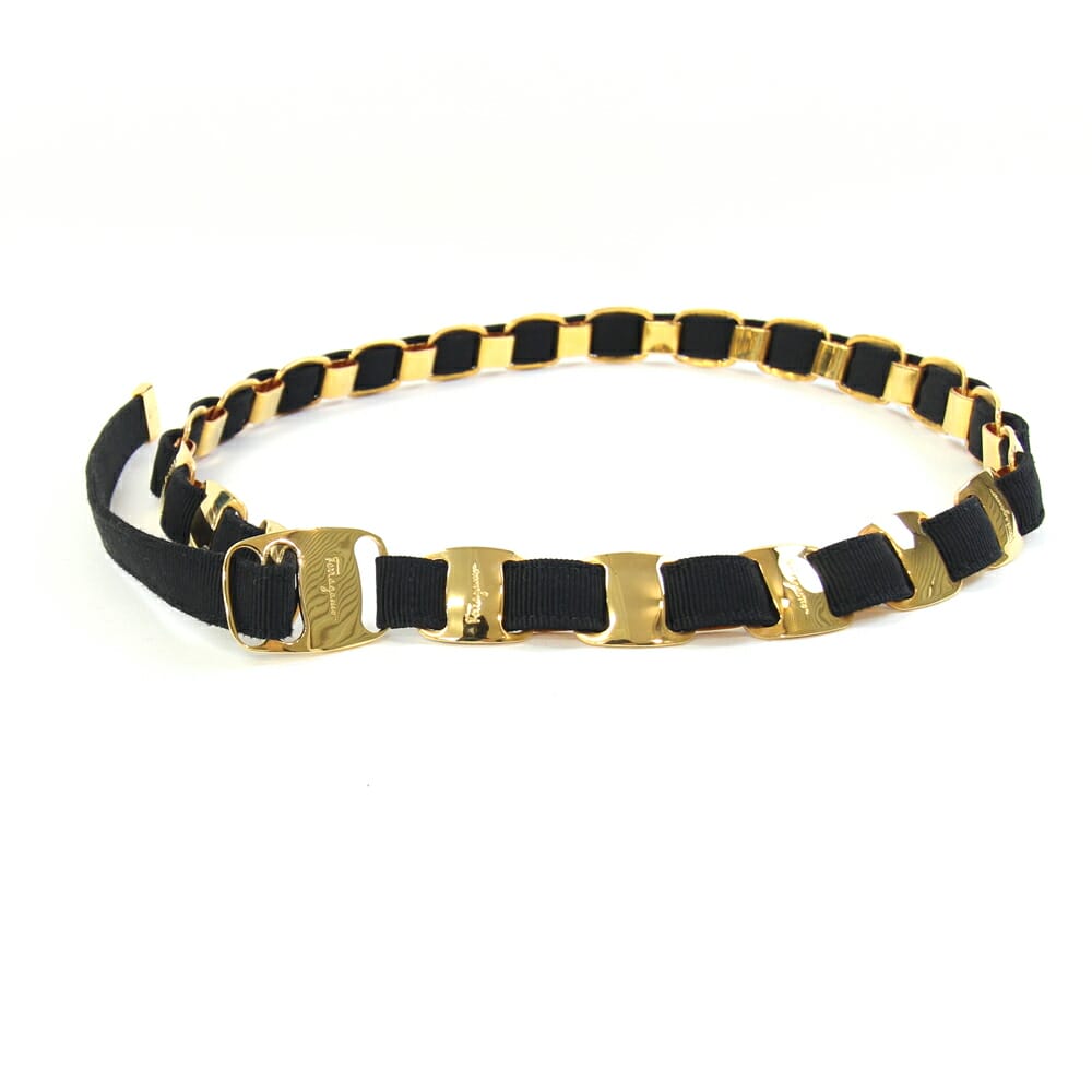 フェラガモ ベルト ヴァラ ブラック ゴールド ファブリック メタル 中古 ファッション アパレル ロゴ ..