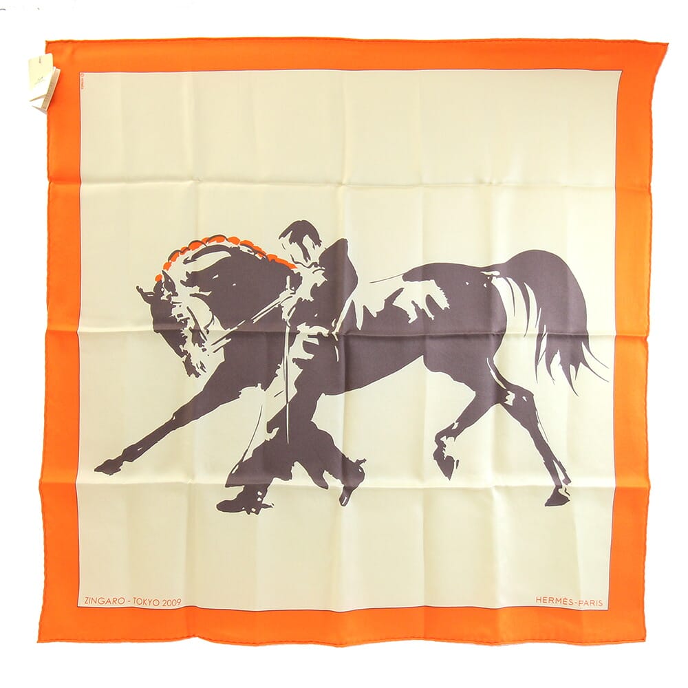 エルメス スカーフ カレ70 ZINGARO TOKYO 2009 オレンジ セーブル シルク 中古 ジンガロ ベージュ 大判 ストール 正方形 馬 騎士 HERMES