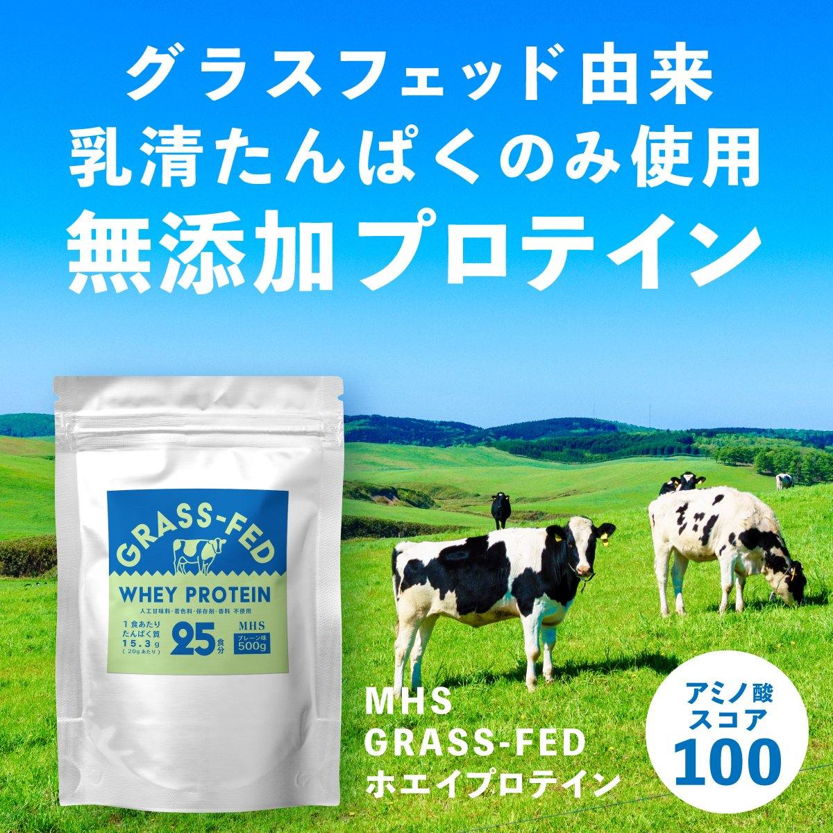 ホエイ プロテイン グラスフェッド 500g 香料 着色料 保存料 人工甘味料 不使用 アミノ酸スコア100 牧草を食べて育った グラスフェッド牛 の 無添加 ピュア プロテイン WPC ホエイプロテイン コンセントレート サプリメント 専門店MHS