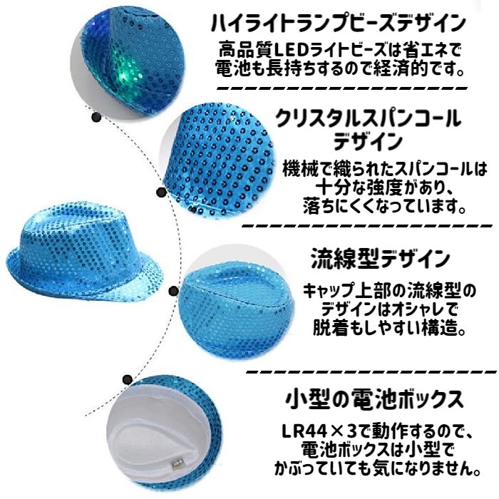 光る LED スパンコールハット パーティグッズやイベント コンサート会場にぴったりな帽子 【 キラキラ 点灯 点滅 パーティー イベント 目立つ 帽子 ハット おもしろグッズ LED オシャレ 司会 MC ハロウィン 仮装 】【メール便送料無料】