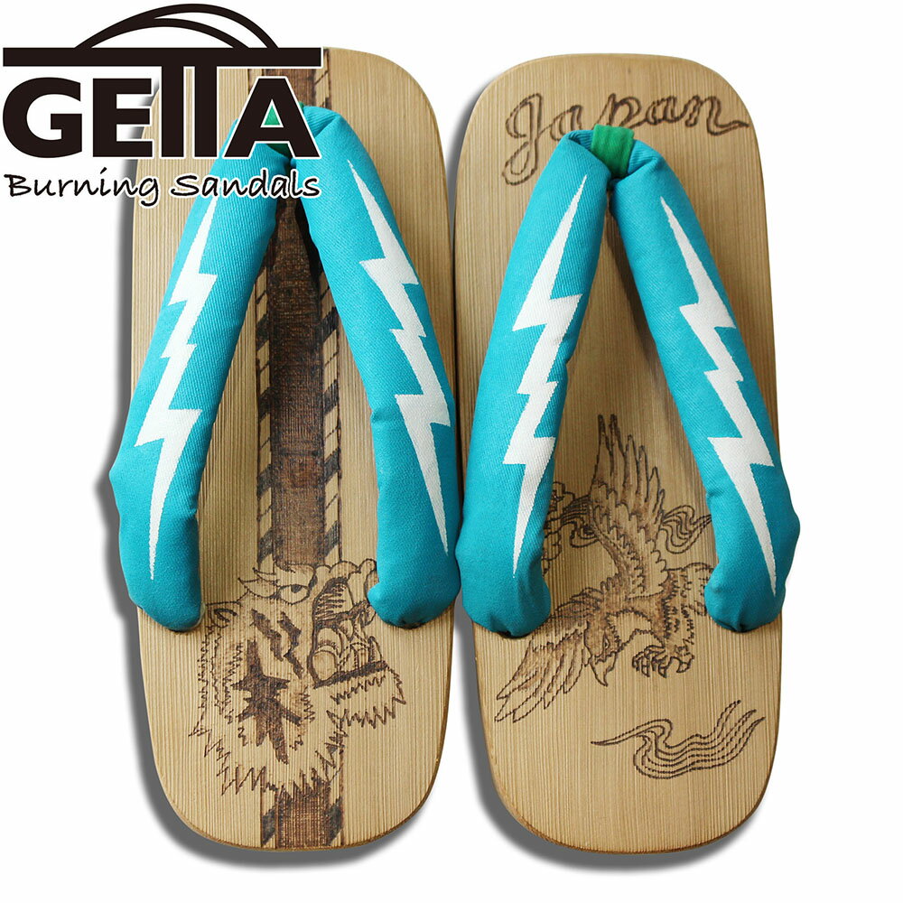 [2026SS新作!]GETTA BURNING SANDALS（ゲッタバーニングサンダルス）SUKA-GETA SANDAL『TIGER HEAD × EAGLE』L.Blue L｜作家物 和風アート下駄 サンダル｜ウッドバーニング焼き絵｜伝統工芸｜天然素材の一点物｜日本製 木曽ねずこ使用