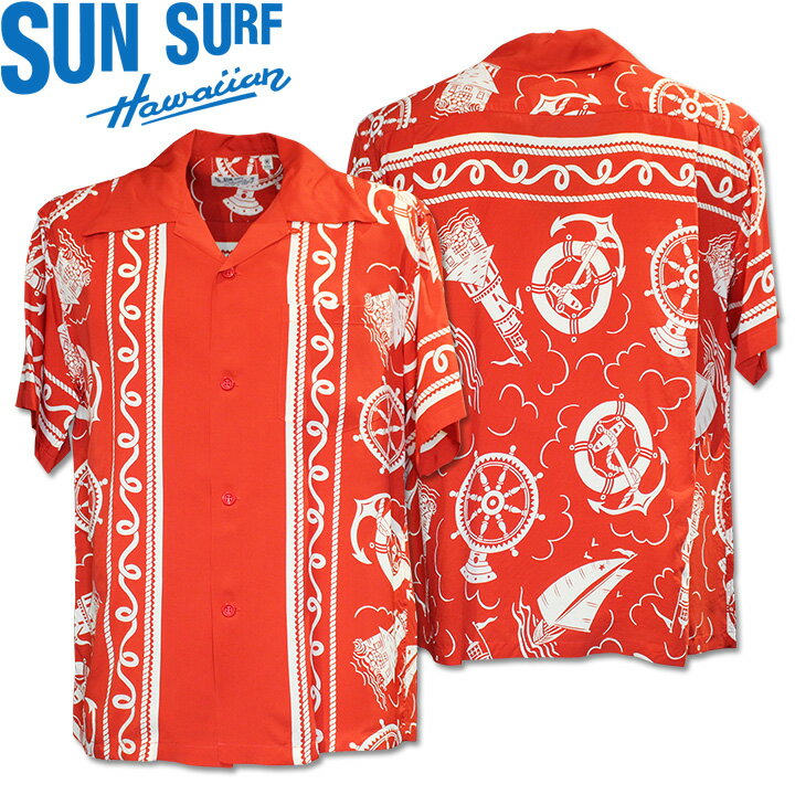 SUN SURF（サンサーフ）アロハシャツ HAWAIIAN SHIRT『ALL ABOARD』SS39230-165 Red｜50s復刻柄 メンズ 開襟シャツ｜ヴィンテージ風 ハワイアン レーヨンシャツ 半袖｜リゾートシャツ おしゃれ 夏コーデに｜送料無料