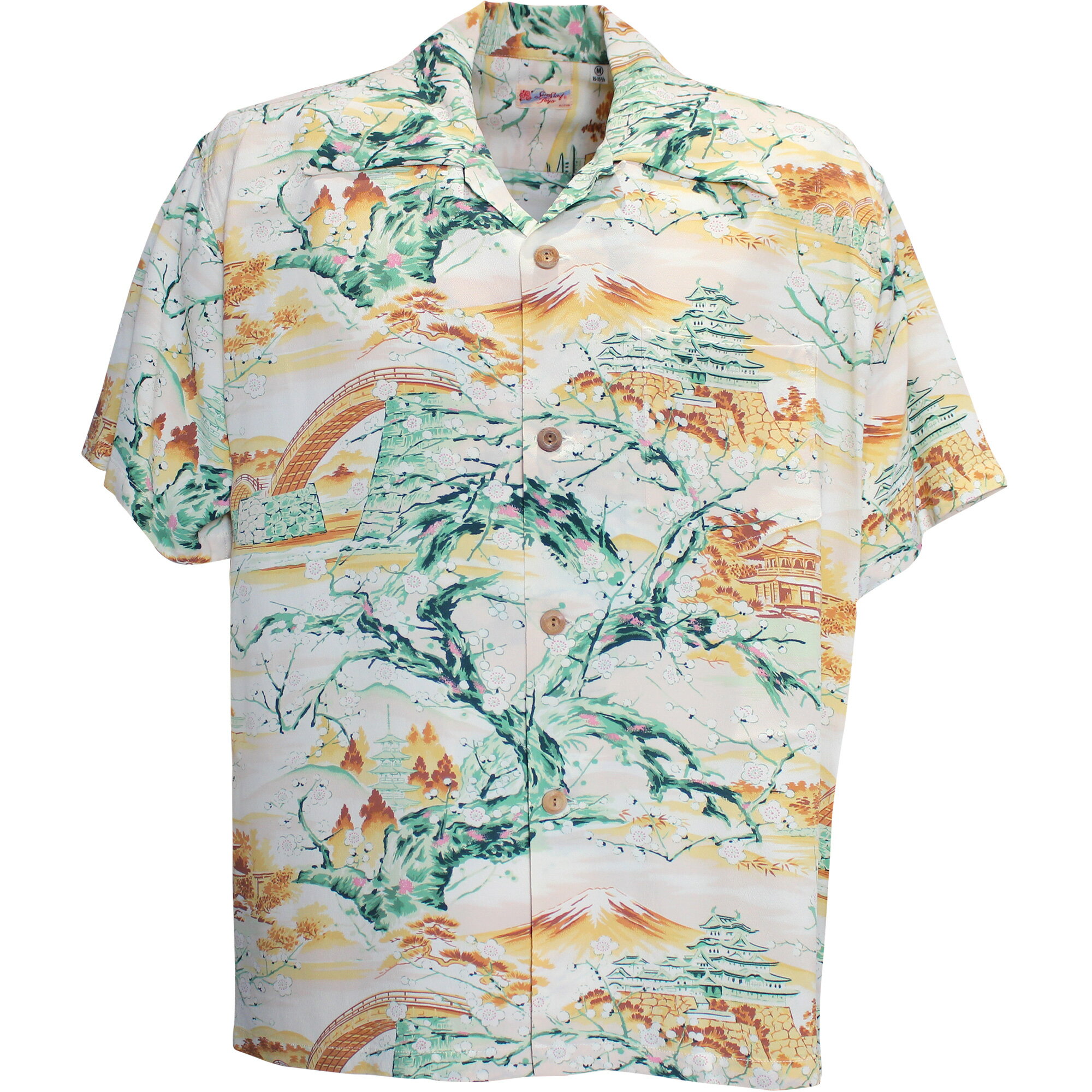 SUN SURF（サンサーフ）アロハシャツ HAWAIIAN SHIRT『SCENERY OF JAPAN』SS39422-155 Yellow｜50s復刻柄 メンズ 開襟シャツ｜ヴィンテージ風 ハワイアン レーヨンシャツ 半袖｜リゾートシャツ おしゃれ 夏コーデに｜送料無料