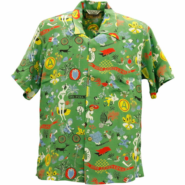 SUN SURF（サンサーフ×百大隊）アロハシャツ HAWAIIAN SHIRT『SPECIAL EDITION/ONE PUKA PUKA』SS38465-145 Green｜50s復刻柄 メンズ 開襟シャツ｜ヴィンテージ風 ハワイアン レーヨンシャツ 半袖｜リゾートシャツ おしゃれ 夏コーデに｜送料無料