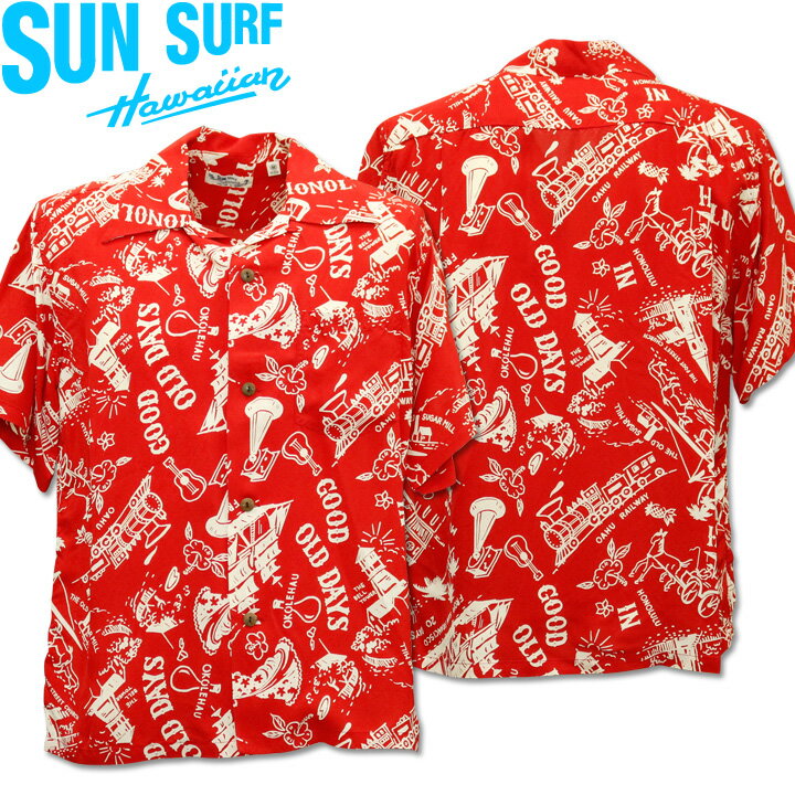 SUN SURF（サンサーフ）アロハシャツ HAWAIIAN SHIRT『GOOD OLD DAYS』SS38791-165 Red｜50s復刻柄 メンズ 開襟シャツ｜ヴィンテージ風 ハワイアン レーヨンシャツ 半袖｜リゾートシャツ おしゃれ 夏コーデに｜送料無料