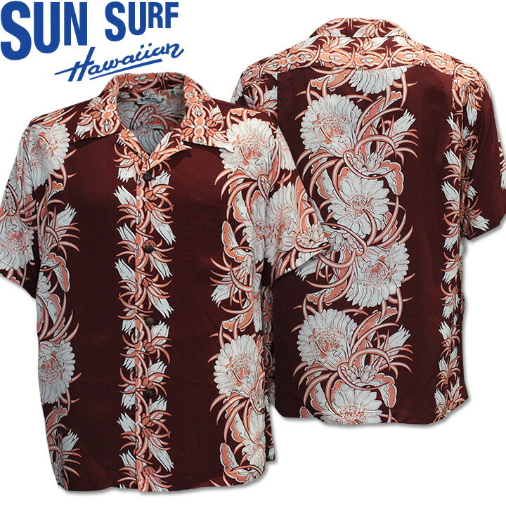 [2026SS新作!]SUN SURF（サンサーフ）アロハシャツ HAWAIIAN SHIRT『NIGHT BLOOMING CEREUS BORDER』SS39612-170 Wine｜50s復刻柄 メンズ 開襟シャツ｜ヴィンテージ風 ハワイアン レーヨンシャツ 半袖｜リゾートシャツ おしゃれ 夏コーデに｜送料無料