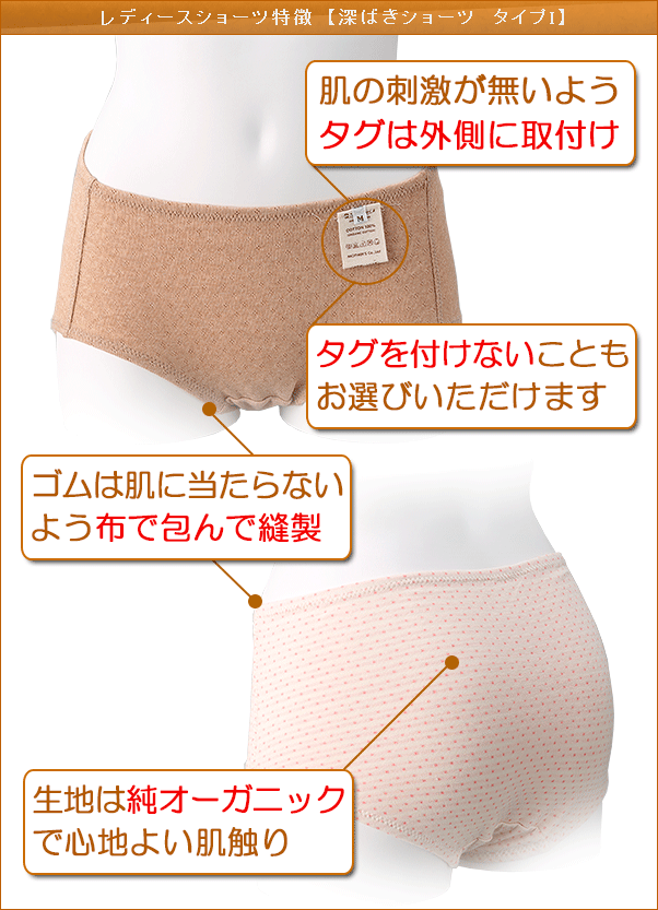 ショーツ レディース 深ばきショーツタイプI オーガニックコットン 下着 綿 パンツ インナー コットン 婦人 女性 綿100％ はきこみ丈深め Ledy's shorts Ladies pants Organic cotton