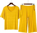モダール パジャマ レディース 半袖 春夏 ルームウェア 家着 シンプル V首 上下セット 七分丈パンツ 伸縮性 通気性 吸汗速乾 肌触り 快適 大きいサイズ ゆったり おしゃれ 無地 寝やすい