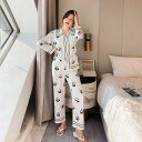 レディース パジャマ パンダ柄 ルームウェア 春夏 レーヨン シルク風 前開き 長袖 長ズボン 上下セット 通気性 吸汗速乾 肌触り 快適 寝巻き 寝やすい ホテル 旅行 おしゃれ ワイド セットアッ