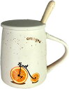マグカップ 蓋付き スプーン付き オレンジ セラミックカップ 朝食カップ おしゃれ 可愛い 水のコップ 耐冷耐熱 オフィス 家庭用 姉妹 学生 コーヒーカップ 牛乳カップ ウオーターカップ 入学入職(3)