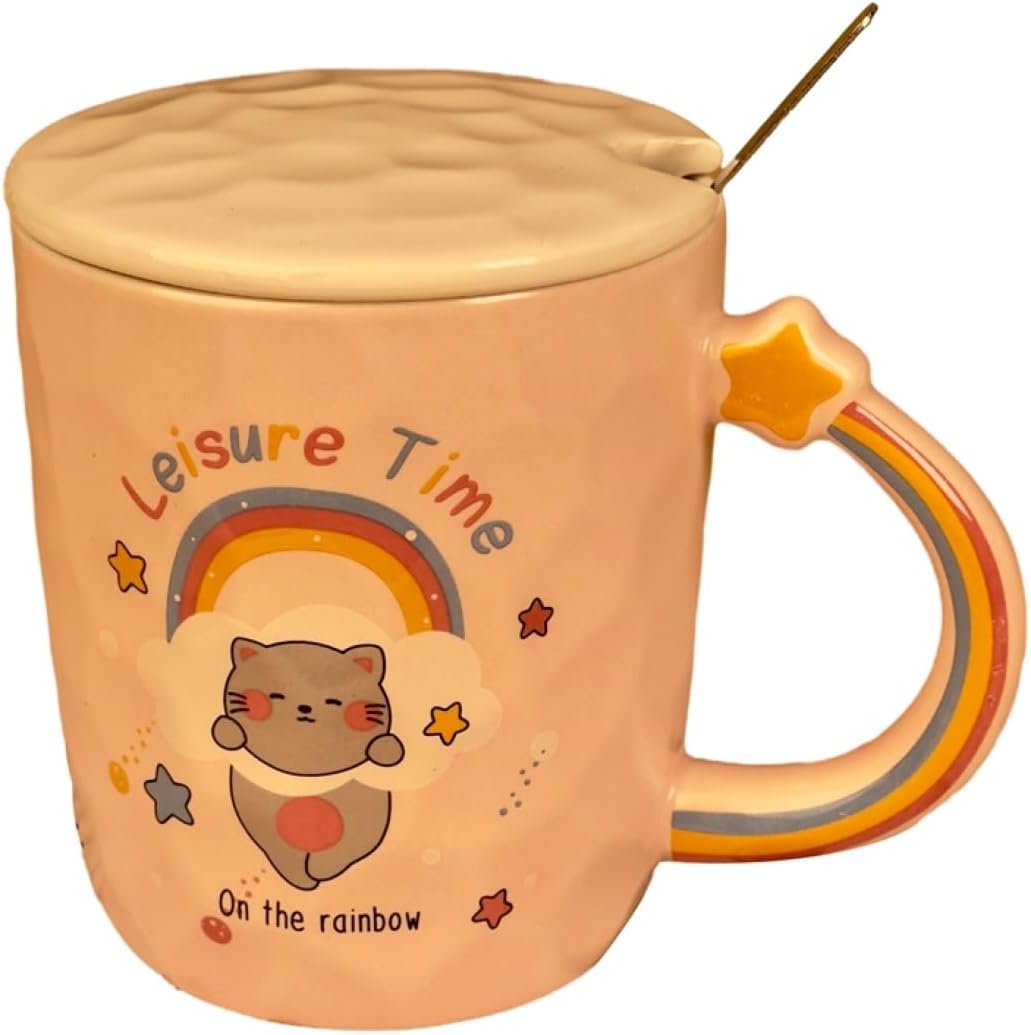 マグカップ 蓋付き スプーン おしゃれ 可愛い ピンク猫 400ml こぼれない 耐熱耐冷 セラミック 食器 コップ コーヒーカップ ティーカップ オフィス 朝食 家庭用 姉妹 子供 カップル 新生活