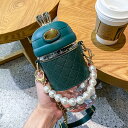 ガラス ストロー水筒 ウォーターボトル 兎耳 500ml ワンタッチ 手提げ付き 斜め掛け 女の子 レディース 防熱カバー おしゃれ かわいい クリアボトル 蓋...