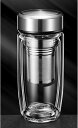 ガラス水筒 ダブルウォール 二重ガラス 茶漉し付き 280ml 400ml 304ステンレス茶こし クリアボトル ウォーターボトル 車載 茶分離 水分補給 運動...