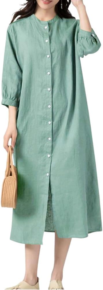 シャツワンピース レディース 綿麻ワンピース 七分袖 ロング丈 ボタン付 カーディガン 綿麻 ゆったり 春夏