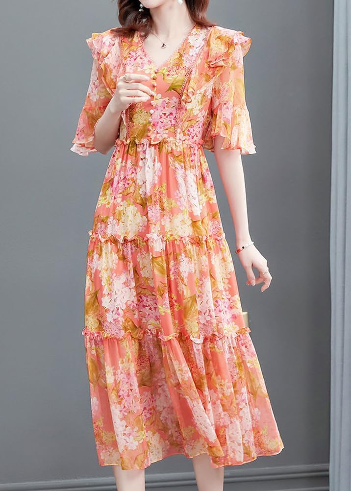 花柄 ワンピース レディース シフォンワンピース 五分袖 マキシワンピース おしゃれ 可愛い 夏 リゾートワンピース フレア袖 裏地付き