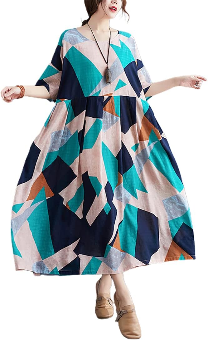 ワンピース レディース 夏 ビッグシルエット 半袖 リラックス マキシワンピース ロング 森ガール ゆったりワンピース ポケット付き 体型カバー カジュアル 涼しい 着やすい ネイビー