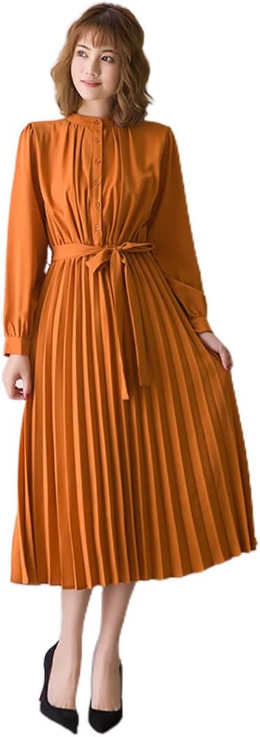 ワンピース レディース ロングワンピース 切り替えプリーツ エレガント おしゃれ ラペルシャツワンピース ウエストゴム ベルト付き2点セット 体型カバー 爽やか 通勤 二次会 春秋冬のサムネイル