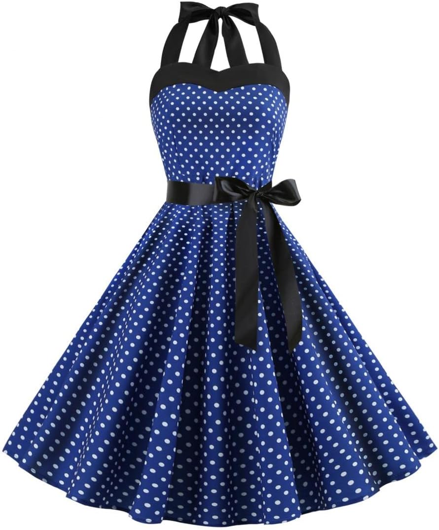 ドレス レディース ビンテージ チュニック ポルカドット 掛首 ワンピース ノースリーブ セクシー 女性スイングドレス Dress フォーマル 着痩せ 膝丈 Aライン洋服 ワンピースドレス