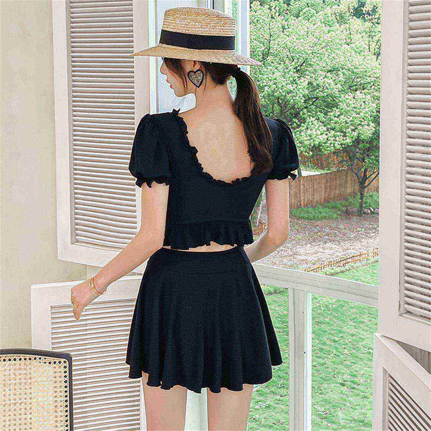 水着 レディース ビキニ ハイウエスト 体型カバー スカート ショートパンツ ビスチェ風 黒水着 セパレート 着痩せ 温泉水着 海