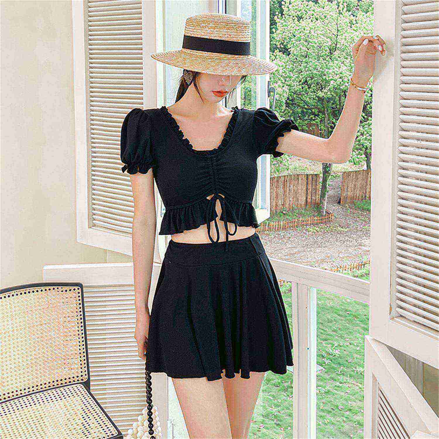 水着 レディース ビキニ ハイウエスト 体型カバー スカート ショートパンツ ビスチェ風 黒水着 セパレート 着痩せ 温泉水着 海