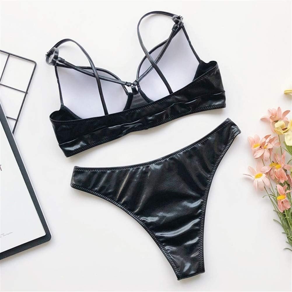 ビキニセット、水着女性用レザーアップソリッド黒ビキニプッシュアウト中空リングの女性ハイカット水着海水浴客水着 (Color : X