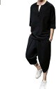 メンズ 夏服 ティシャツ トップス サルエルパンツ 部屋着 上下2点セット パンツ クロップドパンツ ショート丈 七分袖 綿麻 お