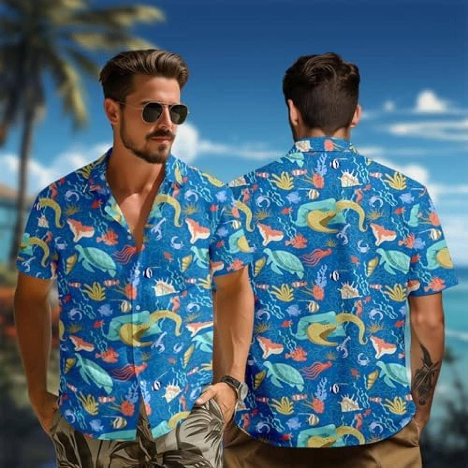 メンズシャツ アロハシャツ 総柄 海洋生物プリント 夏 薄手 ハワイアン ビーチシャツ 日焼け止め カジュアル 原宿風 汗染み防止