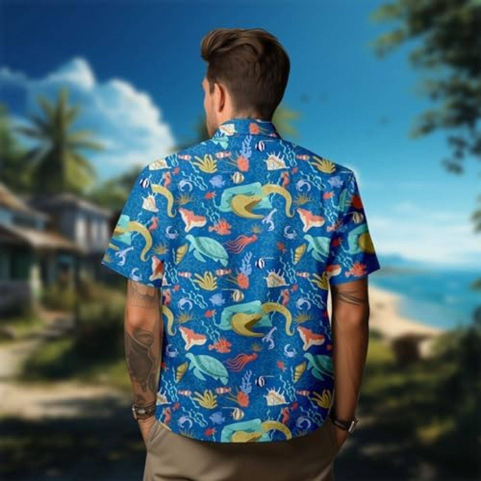 メンズシャツ アロハシャツ 総柄 海洋生物プリント 夏 薄手 ハワイアン ビーチシャツ 日焼け止め カジュアル 原宿風 汗染み防止