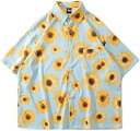 アロハシャツ ビーチシャツ メンズ 夏 総柄 ひまわり 花柄シャツ 半袖 折り襟 薄手 ハワイアン 上着 カジュアル ゆったり 速