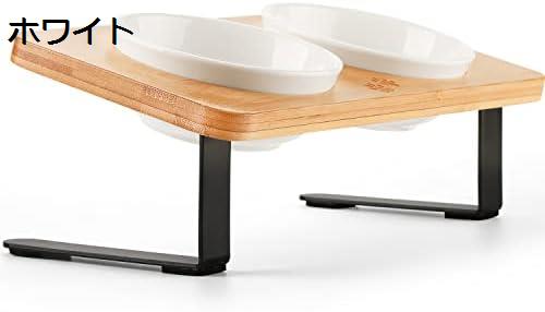 猫餌入れ 猫食器 猫/小型犬 エサ台付き セラミックボウル 10度の斜め餌台 猫フードボウル 竹製 スタンド すべり止め シリコン付き 猫 水飲み皿 陶器製 ペット/フード用 33.5*15.5CM