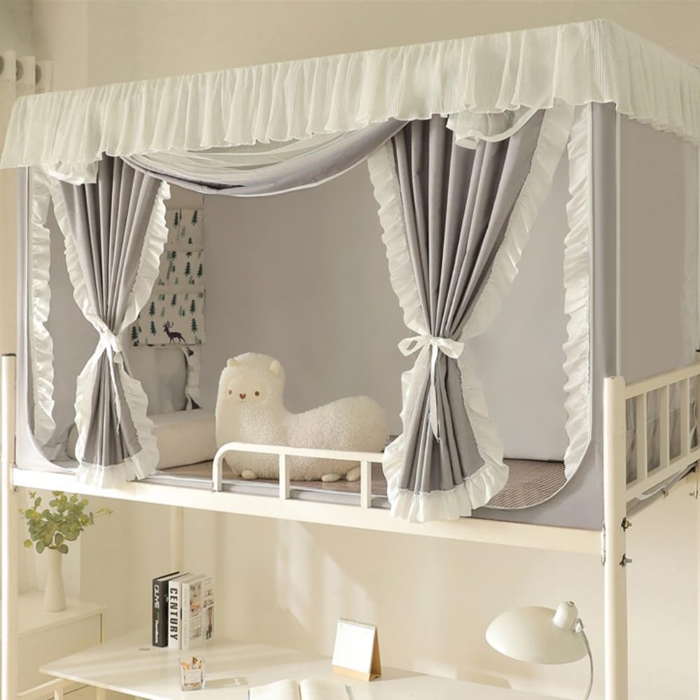 蚊帳一人用 おしゃれベッド用 学生寮 上段と下段蚊帳 室内テント式シングル底付きトップ防塵遮光布ベッドカーテン二段ベッド学生寮の場合 防塵 多機能 取り付けが便利 (グレー 80*190*90-下段)