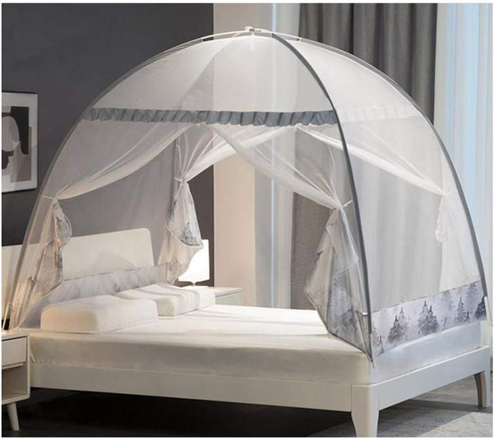 蚊帳 テント式 2つドア 底付き 両面ファスナー モスキートネット 葉/チェック柄 折りたたみ式 細目ネット 大きいサイズ 大人 ベッド 虫/蚊よけ 快眠 組み立て簡易 大きいスペース グレー 150