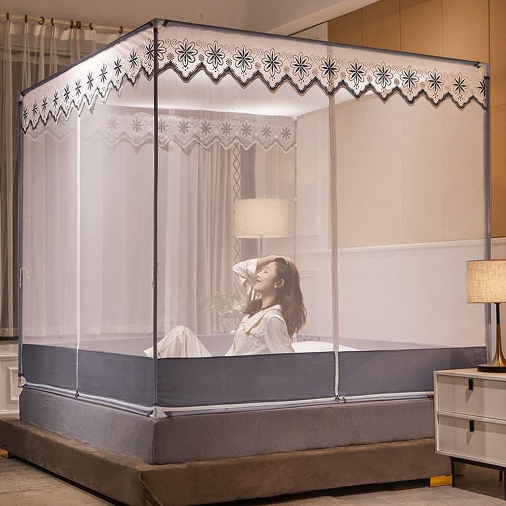 蚊帳 モスキートネット 大型 密度が高い 虫よけ 蚊よけ ムカデ対策 3ドア設計 折りたたみ ファスナー 底生地付き ネット通気性 四角型 大空間 全包囲 洗濯可能 収納便利 取り付け簡単 グレー 1