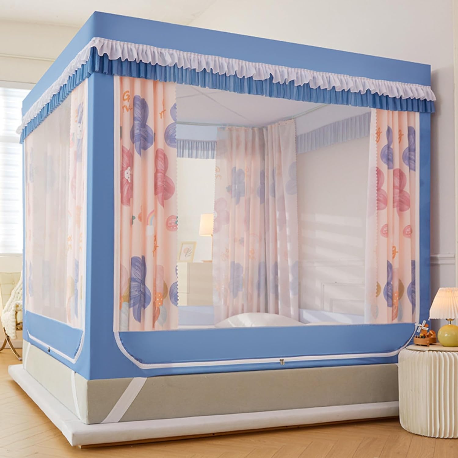 蚊帳 ベッドテント べっど用蚊帳 室内カーテン 全方位ガード 多機能 3ドア設計 網目は細かい 遮光 通気性 防虫 防蚊 防塵 天蓋付き 組み立て簡単 室内 四角型 大空間 (J 120*200*17