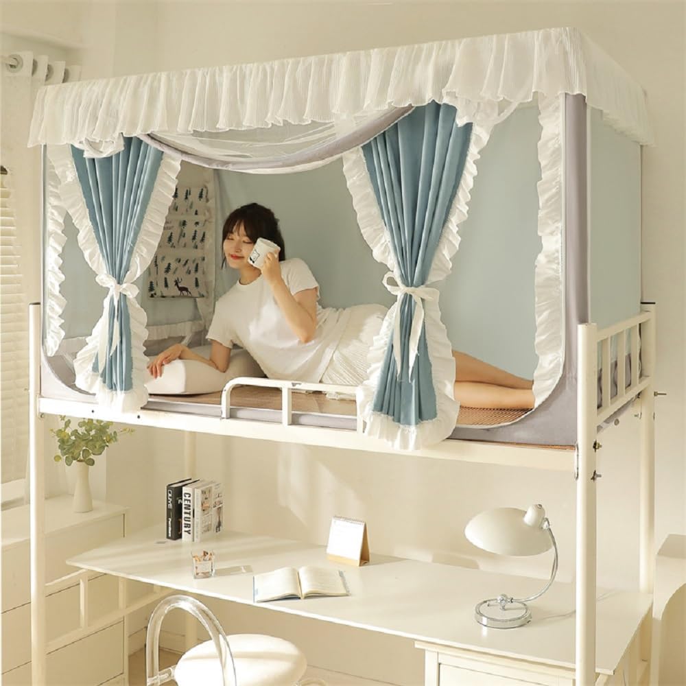 蚊帳 上段と下段蚊帳 、多機能蚊帳、学生寮蚊帳、室内カーテン ベッドテント、シングルベッド プライバシーテント、遮光 通気性 防虫 防蚊 防塵 取り付けが便利 (グリーン+グレー 90*190*110