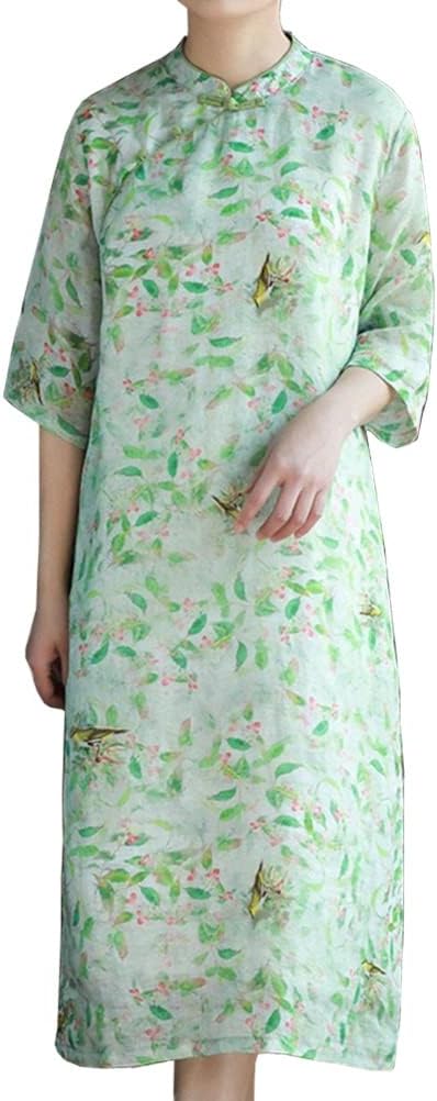 レディース チャイナドレス ワンピース ロングワンピース リネンワンピース ドレス チャイナ服 旗袍 半袖 花柄 夏服 シンプル エレガント ゆったり カジュアル ポケット付き 快適 日常服