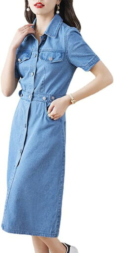 ワンピース レディース 夏 シャツワンピース ロング ドレス ミモレ 半袖 Aライン 折り襟 ミディアム丈 デニム おしゃれ カジュアル 通勤 S-3XL ワンピース レディース 夏 シャツワンピース ロング ドレス ミモレ 半袖 Aライン 折り襟 ミディアム丈 デニム おしゃれ カジュアル 通勤 S-3XL