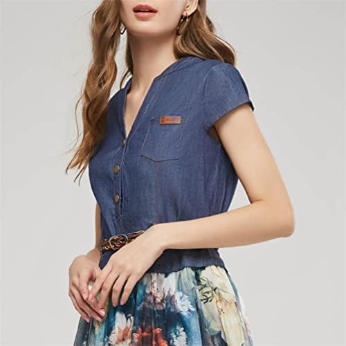 レディース デニムワンピース ワンピース ドレス ロングワンピース シャツワンピース 春服 夏服 半袖 Vネック 花柄 デニム シフォン カジュアル ハイウエスト ファッション スリム エレガント パーティー 演奏会