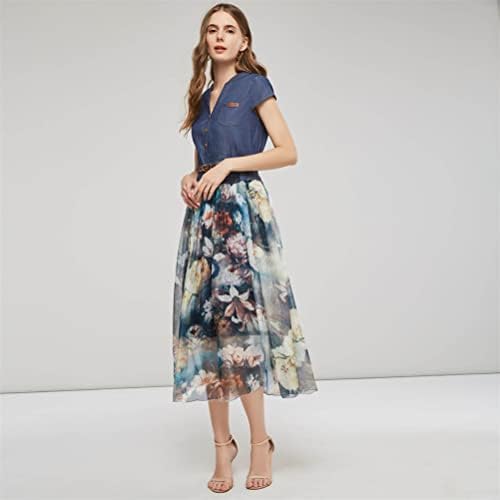 レディース デニムワンピース ワンピース ドレス ロングワンピース シャツワンピース 春服 夏服 半袖 Vネック 花柄 デニム シフォン カジュアル ハイウエスト ファッション スリム エレガント パーティー 演奏会