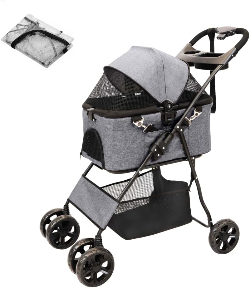 ペットカート レインカバー付き 分離型 犬カート 分離両用 多頭 折りたたみ 収納 コンパクト 大開口 ストッパー 中型犬 小型犬 猫 2way 軽量 耐荷重15KG (グレー ペットカート+レイン