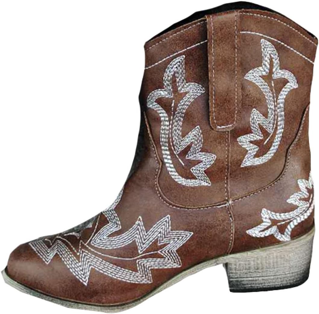 ポインテッドトゥ 刺繍 ウエスタンブーツ レディース 木目 ウッドヒール レトロ 美脚 ショートブーツ おしゃれ 大きいサイズ くしゅくしゅ ブーツ 秋 春 太ヒール ウエスタンショートブーツ ヴィン