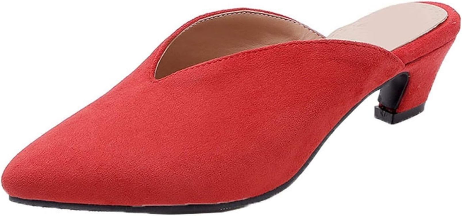 ミュールパンプス 大人 フェミニン ミュール ポインテッドトゥ レディース Vカット ピンヒール ローヒール スエード 靴 太ヒール つま先保護