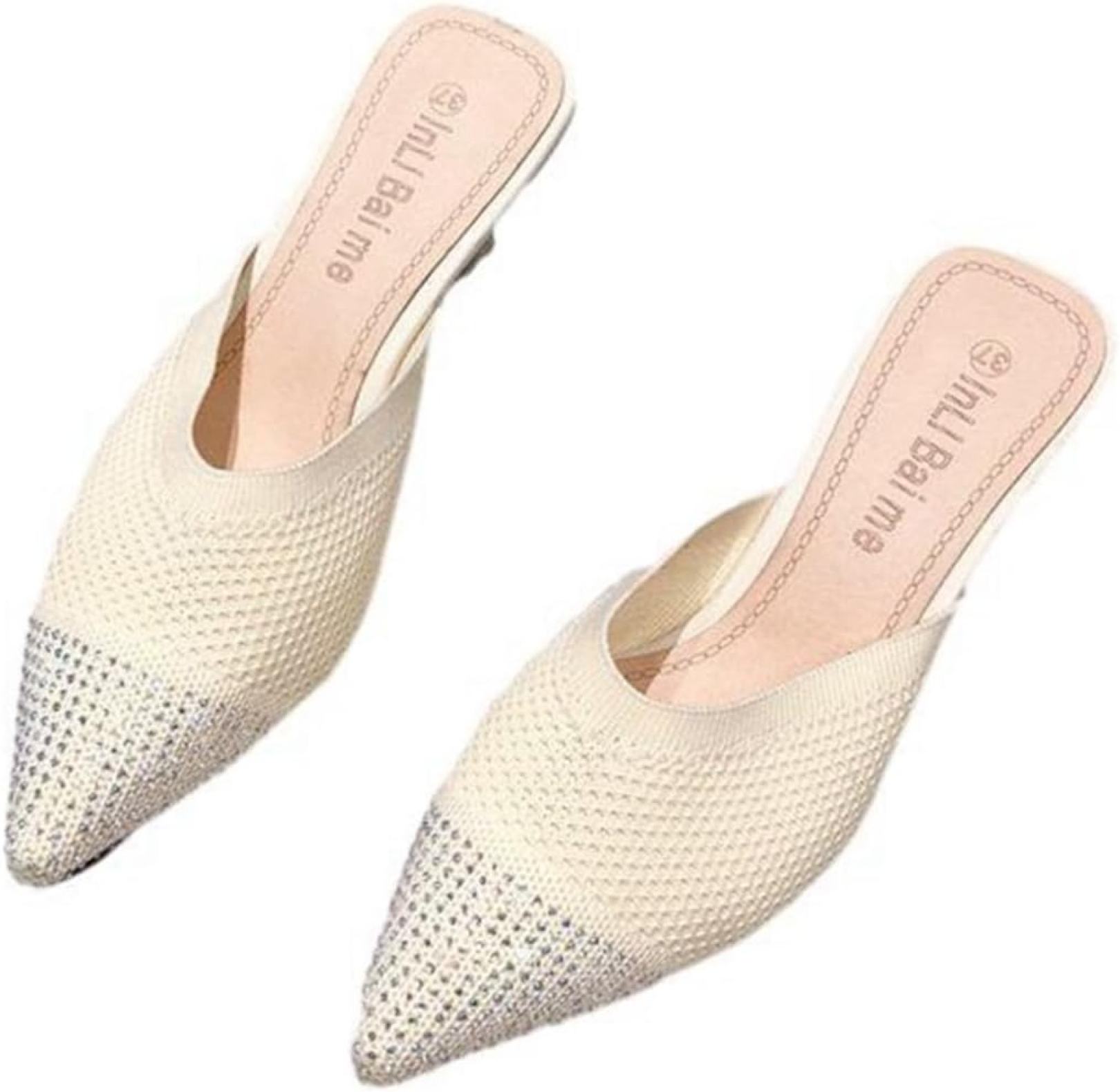 ミュールサンダル レディース ハイヒール サボ 春夏 ニット かかとなしパンプス ポインテッドトゥ 7cmヒール カジュアル 素足 通気 スリッパ 外履き