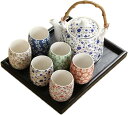急須 湯呑み 茶托 8点セット 茶器セット ティーポット 茶器揃 花柄 和風 茶具 煎茶碗 陶磁 自宅用 プレゼント 茶道 (セットA)
