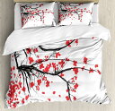 家インテリア布団カバーセットby Ambesonne、Sakura Blossom Japanese Cherry Tree Summertimeヴィンテージ文...