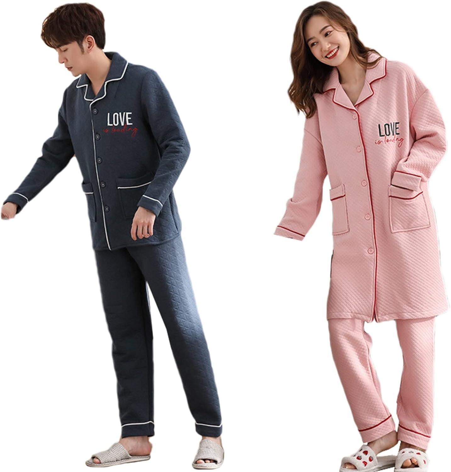 楽天M＆ONE2024ペアパジャマ 綿100 長袖 冬 メンズ/レディース ミドル丈 カップル おしゃれ ルームウェア ペア 前開き 夫婦 部屋着 男女お揃い 上下セット 暖かい 寝間着 恋人 クリスマス プレゼント