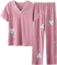 パジャマ レディース 半袖 夏 部屋着 ピンク ルームウェア 上下セット 綿 Vネック ポケット付き おしゃれ 花柄 通気 柔らかい 女性用 半袖&長ズボン 寝...