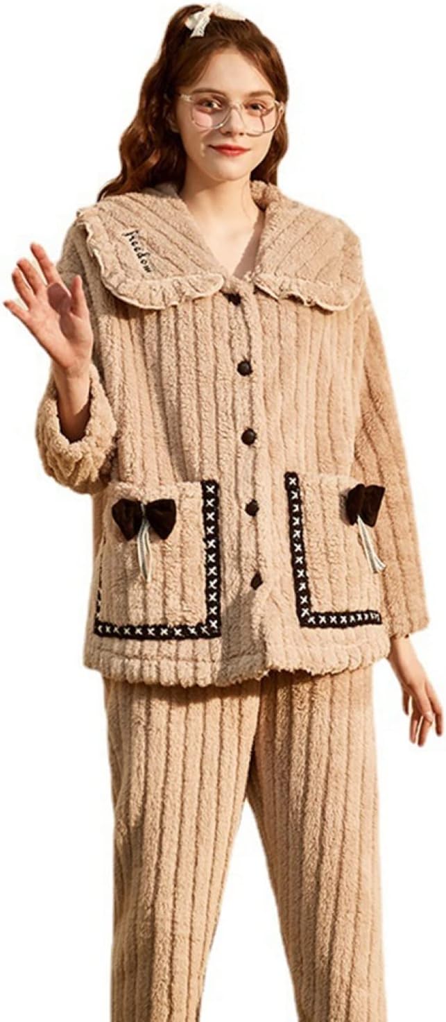 楽天M＆ONE2024レディースパジャマ 長袖 秋冬 もこもこ ルームウェア 女性 前開き 上下セット 部屋着 あったか やわらか 防寒 ふわふわ 可愛い 純色 襟あり ナイトガウン キャメル M〜XL