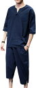 セットアップ メンズ 上下2点セット M〜5XL 七分丈 半袖 ティシャツ 綿麻 トップス サルエルパンツ おしゃれ 大きいサイズ 部屋着 Tシャツ 夏服 男性...